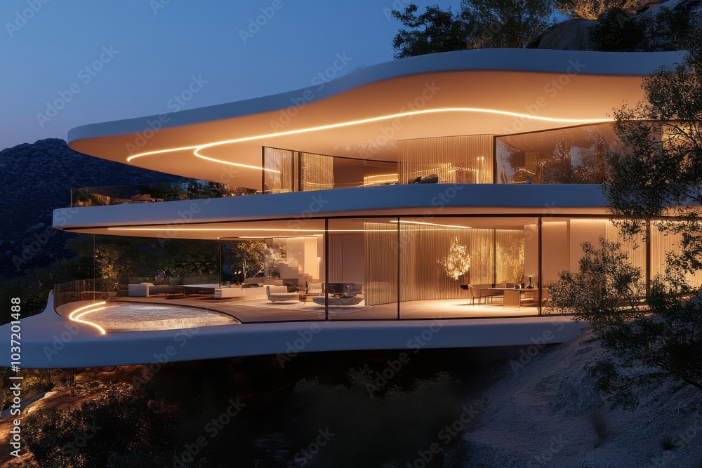Fototapeta premium A glowing modern glass house built on a mountain, showcasing warm lighting and stylish interior that highlights its sleek architectural curves at twilight.