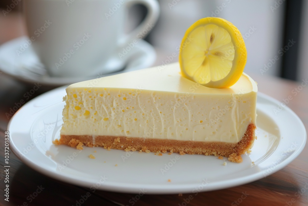 Slice of creamy lemon cheesecake with a glossy lemon topping and a graham cracker crust served on a white plate Slice of creamy lemon cheesecake with a glossy lemon topping and a graham cracker crust served on a white plate