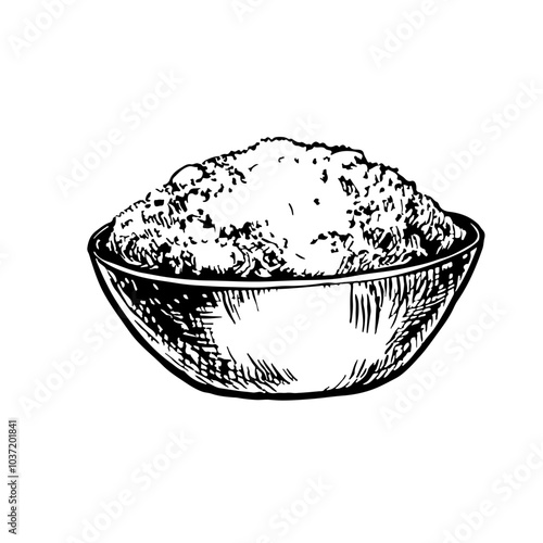 Porridge in a cup. Vector image of food. A black and white hand-drawn illustration. On a white background. Great for menus, posters or stickers, as well as for cooking recipes and invitations.