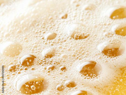 Close up background of beer with bubbles in glass 