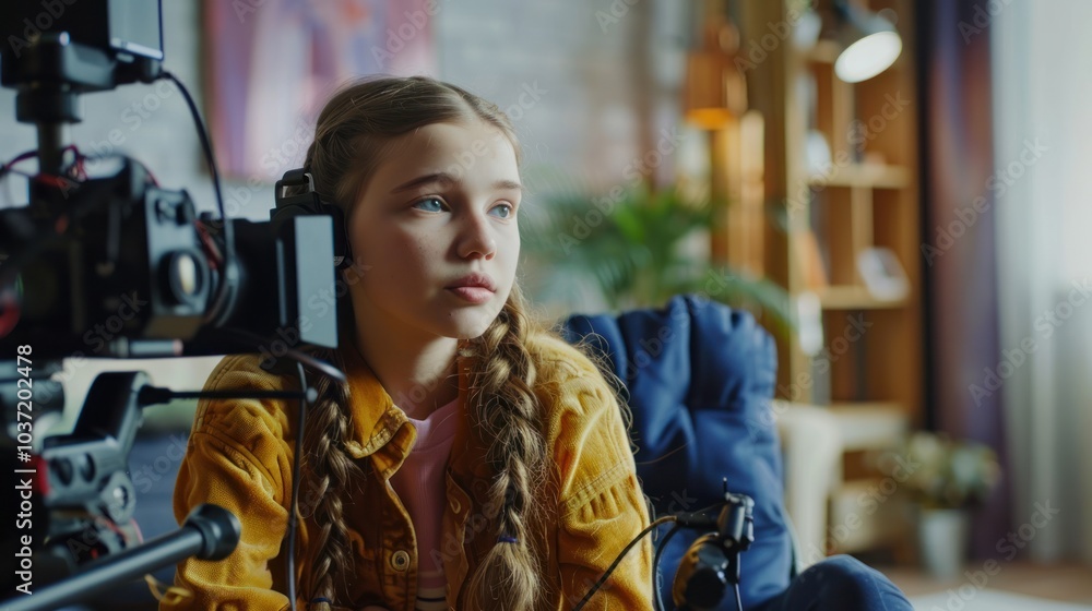 A young girl sits in front of a camera with a yellow sweater on A young girl sits in front of a camera with a yellow sweater on