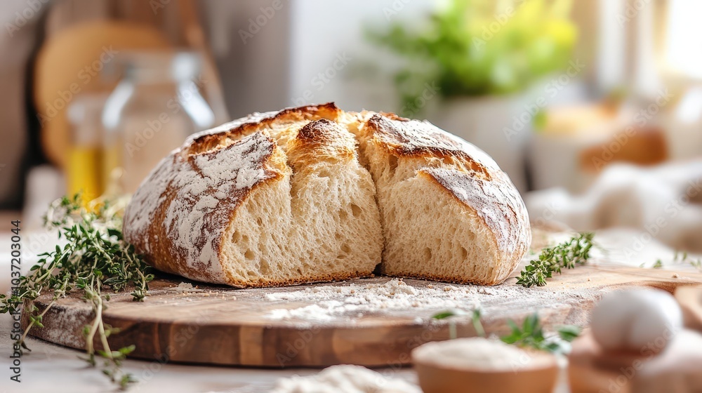 Cozy rustic kitchen scene with freshly baked artisan bread and natural light. Cozy rustic kitchen scene with freshly baked artisan bread and natural light.