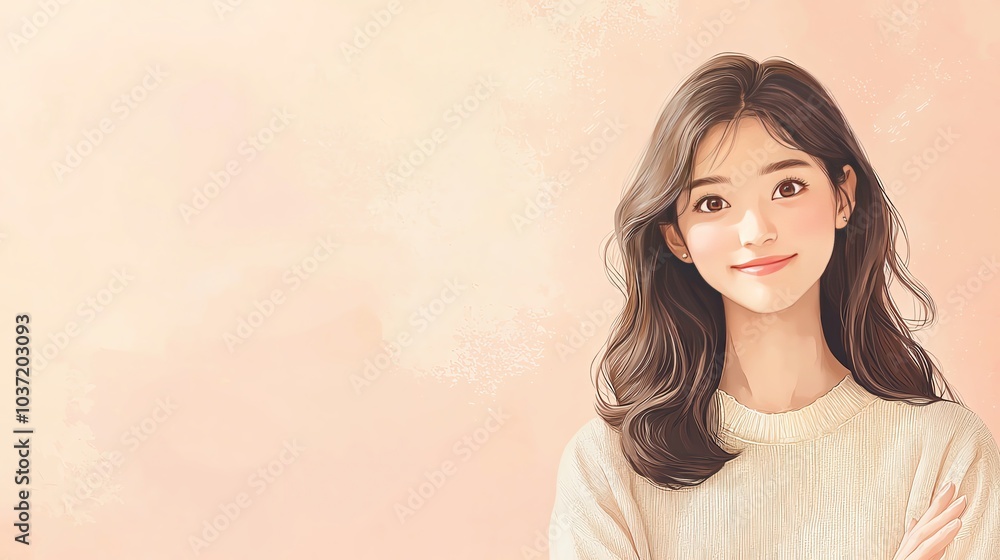 Fototapeta premium Smiling woman with long hair, soft background.