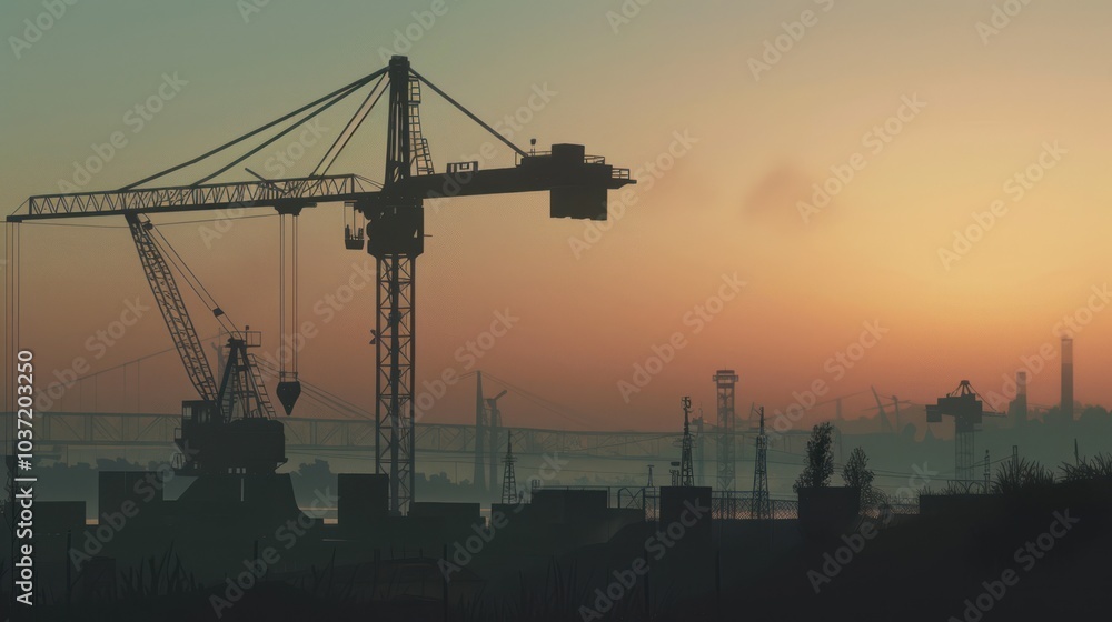 Fototapeta premium A crane is silhouetted against a beautiful sunset