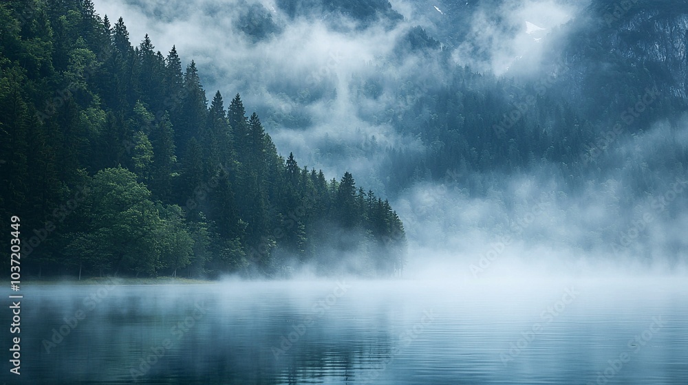Tranquil Mountain Lake Shrouded in Dense Fog: A Serene Nature Scene Tranquil Mountain Lake Shrouded in Dense Fog: A Serene Nature Scene