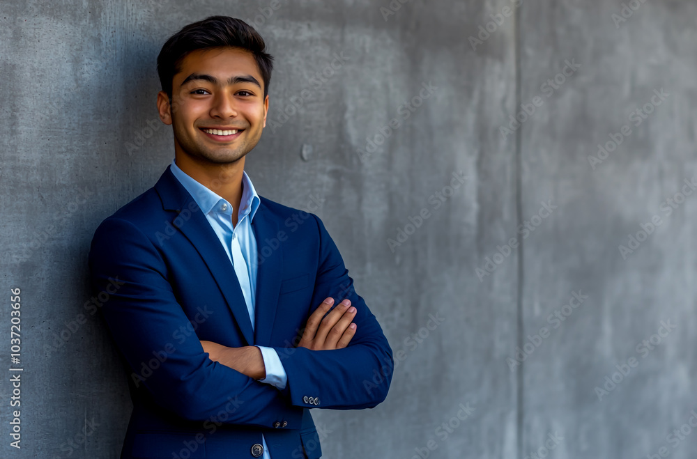 Young, smiling businessman in a blue suit with his arms crossed, standing. Young, smiling businessman in a blue suit with his arms crossed, standing.