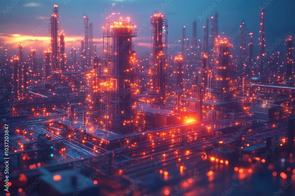 Fototapeta premium A futuristic industrial cityscape illuminated by glowing lights at dusk.