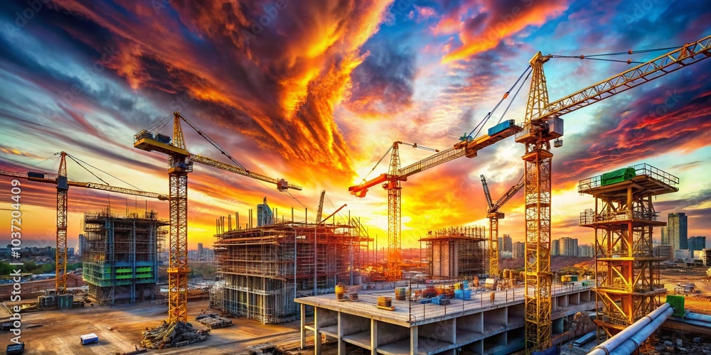 Dynamic Panorama of a Large Construction Site with Cranes in Motion for Stunning Landscape Photography Dynamic Panorama of a Large Construction Site with Cranes in Motion for Stunning Landscape Photography
