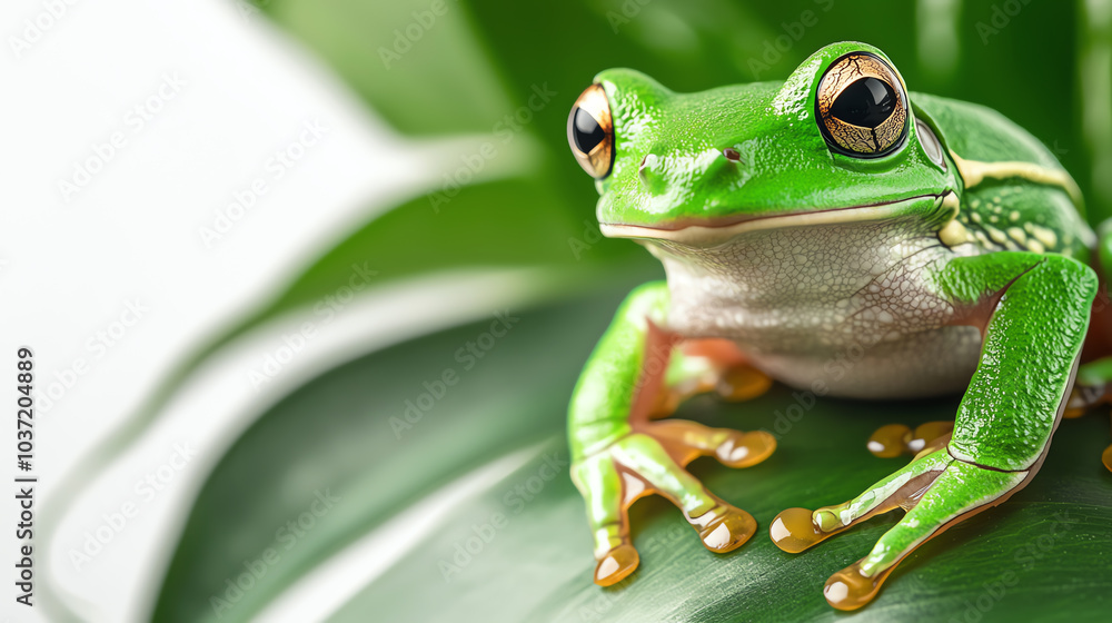 Obraz premium Close-up of a vibrant green frog resting on a leaf in a lush environment