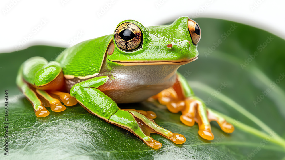 Naklejka premium Vibrant green frog resting on leaf a captivating snapshot of nature's beauty and wildlife