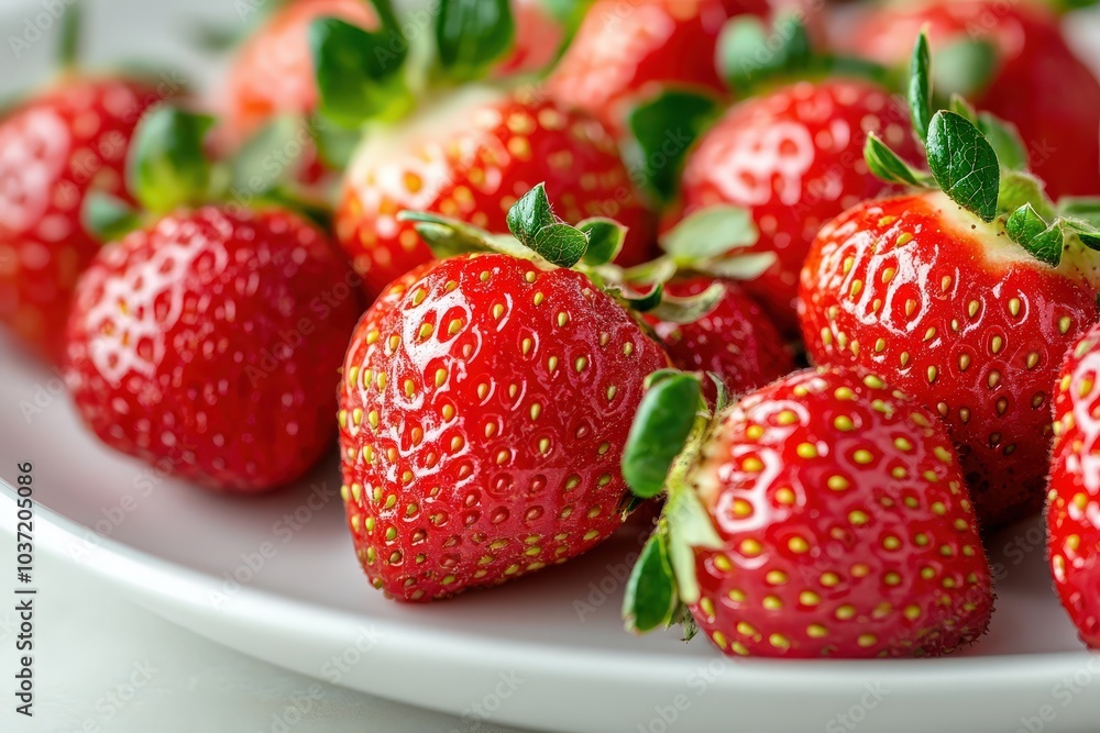 Close-up of fresh juicy red strawberries on a white plate for culinary and design use. Close-up of fresh juicy red strawberries on a white plate for culinary and design use.