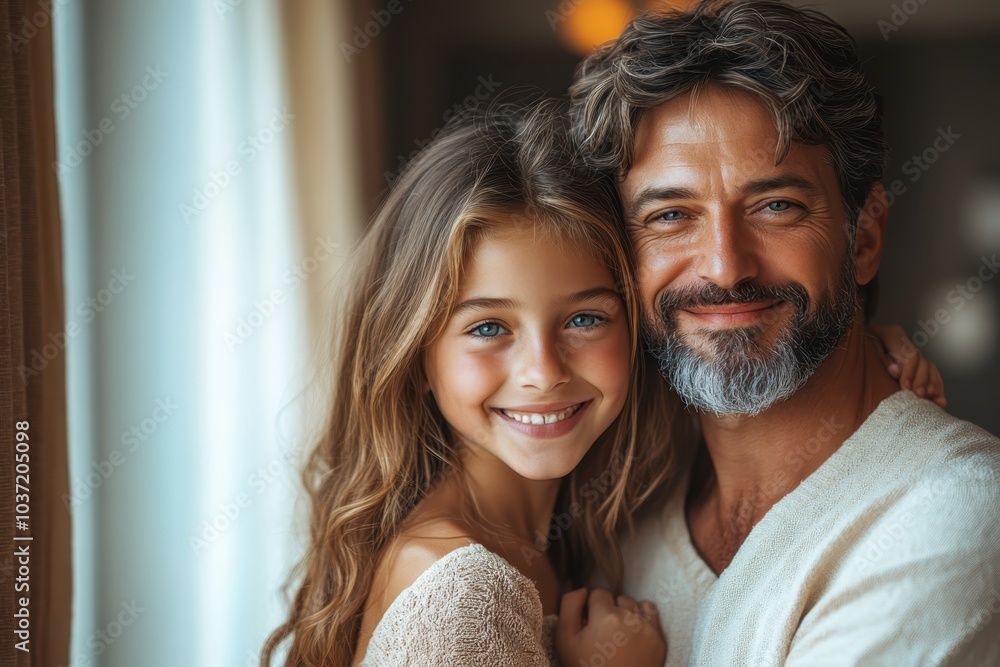 A father and daughter share a joyful moment indoors during a cozy afternoon at home A father and daughter share a joyful moment indoors during a cozy afternoon at home