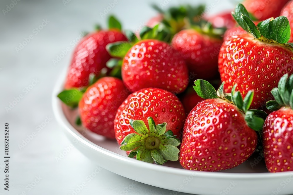 Fresh juicy red strawberries on a white plate - vibrant fruit close-up. Fresh juicy red strawberries on a white plate - vibrant fruit close-up.