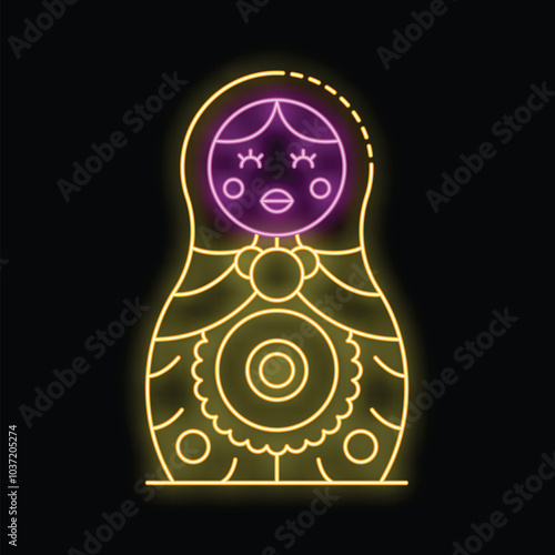 Neon sign representing a matryoshka doll, a traditional russian wooden doll, glowing on black background