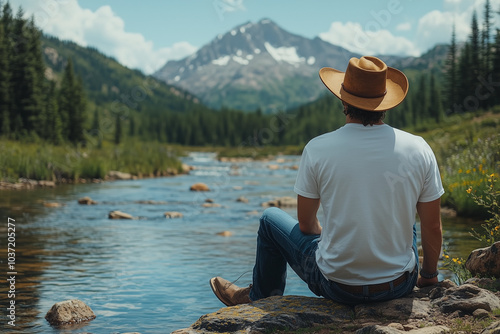 black t-shirt mockup, man on the background of mountains and rivers or forests, back view