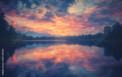 Wallpaper Mural A breathtaking sunset over a tranquil lake, featuring vibrant colors reflected in the water and surrounded by serene nature. Torontodigital.ca