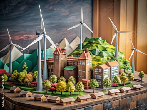 Eco City Concept Poster in Paper Art Style with Wind Turbines and Green Town Design photo