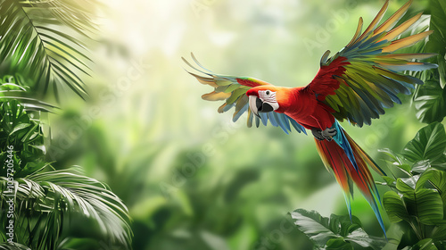 Vibrant parrot in flight amidst lush tropical foliage a stunning display of nature's beauty photo