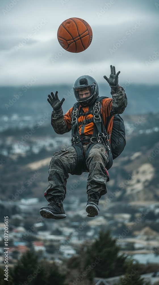 Fototapeta premium A parachutist balances a basketball mid-air.