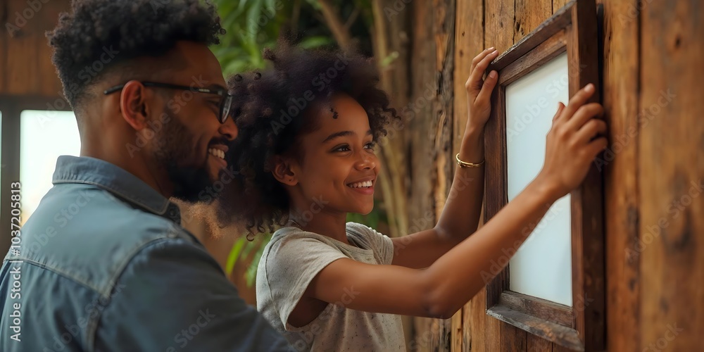 man and woman hanging a painting frame on wall man and woman hanging a painting frame on wall
