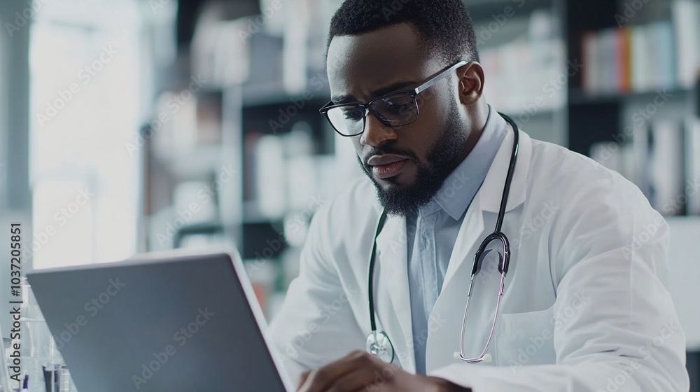 Dedicated healthcare professional in white coat intently focused on laptop, showcasing modern medical practice with technology in clinical setting. Dedicated healthcare professional in white coat intently focused on laptop, showcasing modern medical practice with technology in clinical setting.