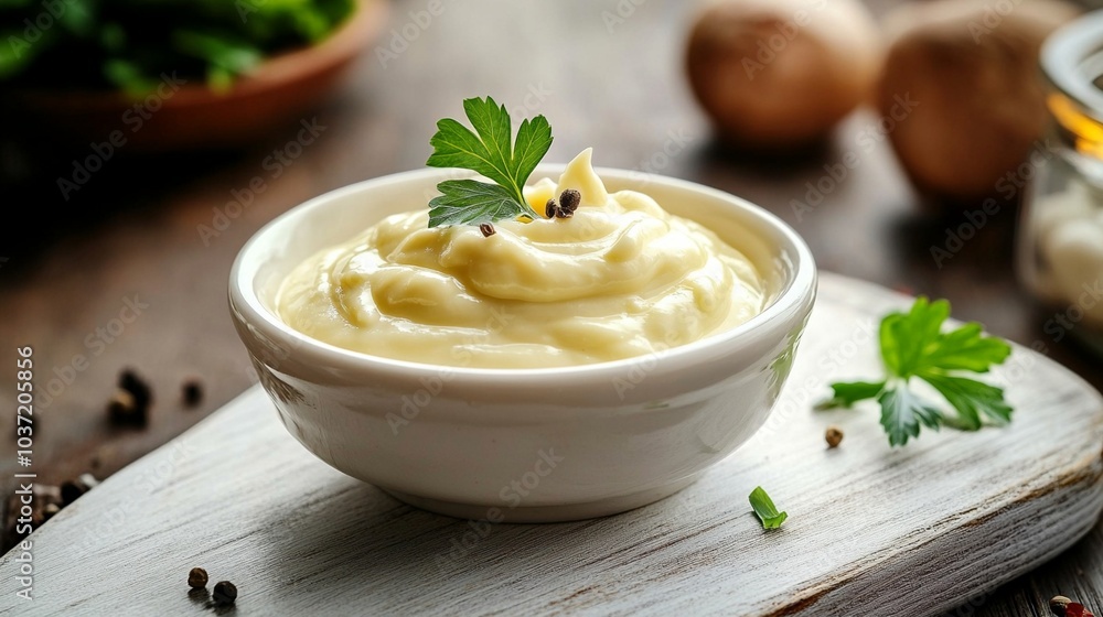 Creamy homemade mayonnaise in white ceramic bowl, garnished with parsley leaf. Wooden board, peppercorns, and fresh ingredients in background. Creamy homemade mayonnaise in white ceramic bowl, garnished with parsley leaf. Wooden board, peppercorns, and fresh ingredients in background.