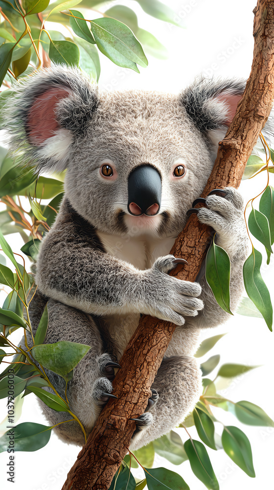 Fototapeta premium Charming koala clinging to a eucalyptus tree surrounded by lush green leaves