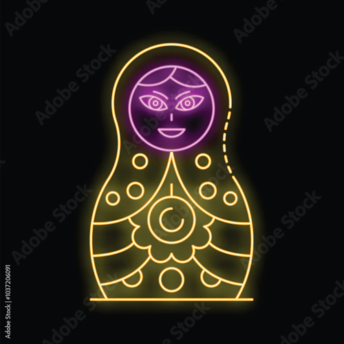 Neon sign of a traditional russian matryoshka doll glowing on a black background