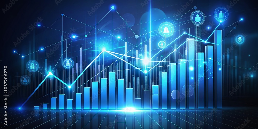 Economic Growth Chart with Finance and Banking Elements on Dark Blue Background for Digital Marketing Strategy Economic Growth Chart with Finance and Banking Elements on Dark Blue Background for Digital Marketing Strategy