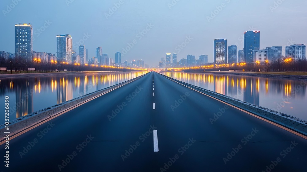 Naklejka premium A city highway leading through modern urban structures with calm reflections in nearby water bodies, captured during a quiet evening, urban highway, serene evening
