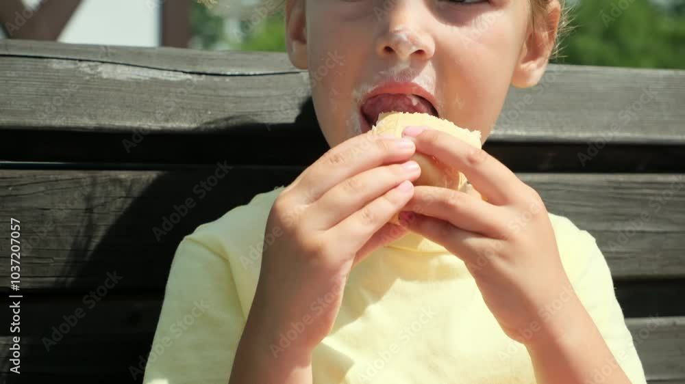 little girl eating ice cream in the summer in the park. cheerful girl with ice cream. little girl eating ice cream in the summer in the park. cheerful girl with ice cream.