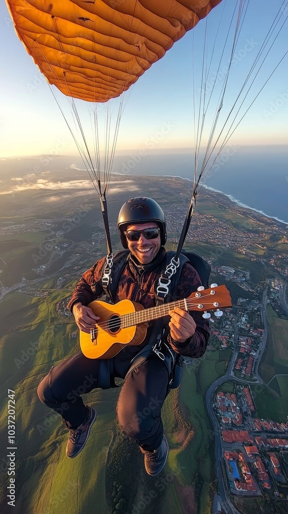 Skydiver plays ukulele while paragliding. Skydiver plays ukulele while paragliding.