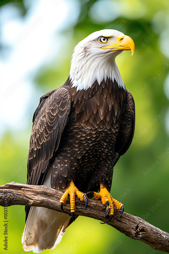 Obraz premium Majestic bald eagle perched gracefully on a branch symbolizing strength and freedom in nature's embrace