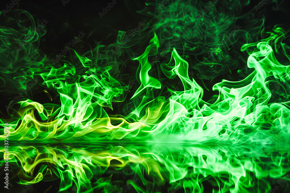Obraz premium Neon green fire burning on black background, wallpaper.