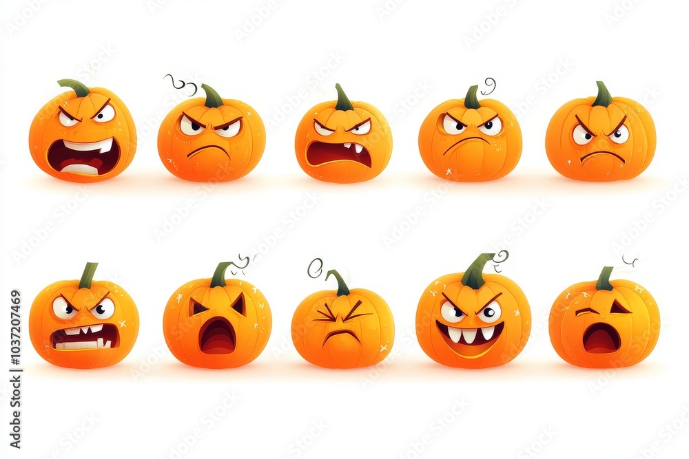Vector flat illustration of a Halloween pumpkin icon set featuring various expressions of carved pumpkins, including angry faces, designed in a simple, minimalistic style on a white background.