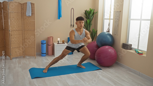 Young man exercising indoors at a wellness spa with yoga mats, fitness balls, and other equipment.