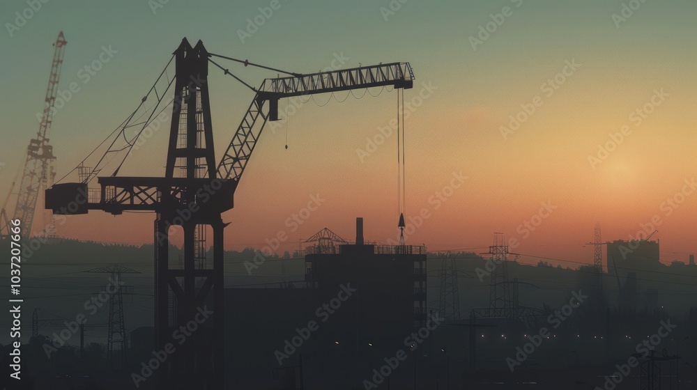 A crane is silhouetted against a beautiful sunset A crane is silhouetted against a beautiful sunset