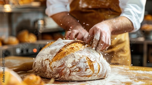 A baker is making bread and sprinkling flour on it