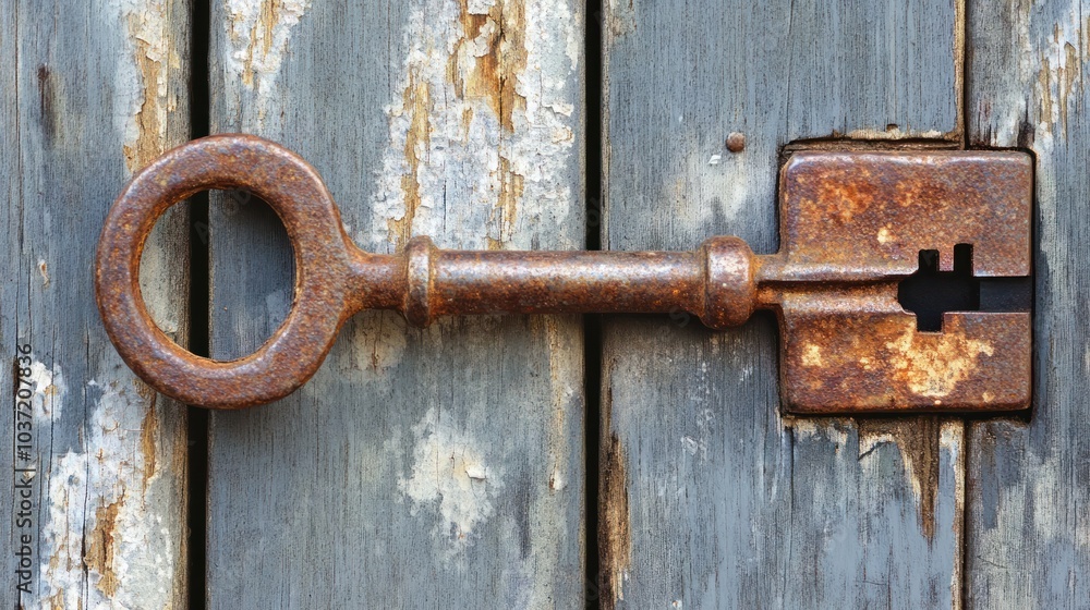 A rusty key lying on a weathered wooden surface, symbolizing security and access. A rusty key lying on a weathered wooden surface, symbolizing security and access.