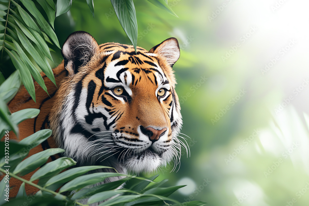 Fototapeta premium Majestic tiger among lush greenery a close-up encounter with nature's beauty