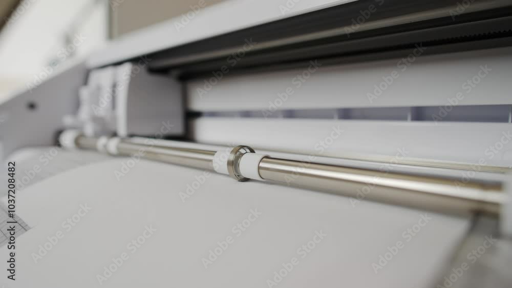 Cutting plotter close-up. The process of cutting vinyl film or paper. Cutting cardboard. Sticker cutting machine: paper and cardboard Cutting plotter close-up. The process of cutting vinyl film or paper. Cutting cardboard. Sticker cutting machine: paper and cardboard