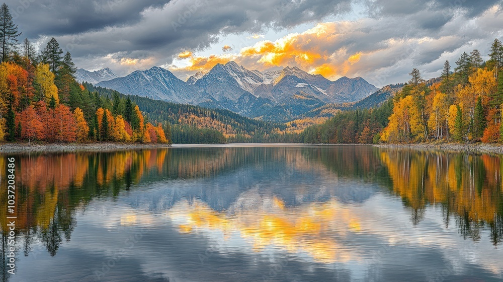 Majestic mountain range reflected in still lake water at sunset, with colorful autumn foliage lining the shore. Majestic mountain range reflected in still lake water at sunset, with colorful autumn foliage lining the shore.