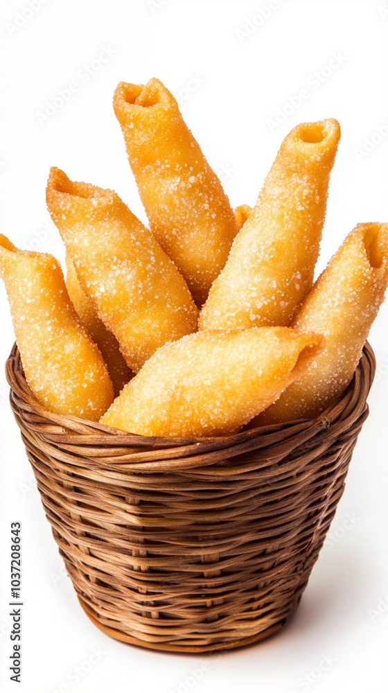 Golden, crispy churros nestled in a rustic wicker basket, their sugar-dusted surfaces glistening invitingly, ready to be savored as a delightful sweet treat. Golden, crispy churros nestled in a rustic wicker basket, their sugar-dusted surfaces glistening invitingly, ready to be savored as a delightful sweet treat.