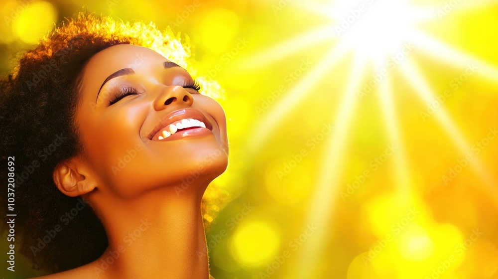A young woman with her eyes closed smiles joyfully at the bright sun shining down on her. A young woman with her eyes closed smiles joyfully at the bright sun shining down on her.