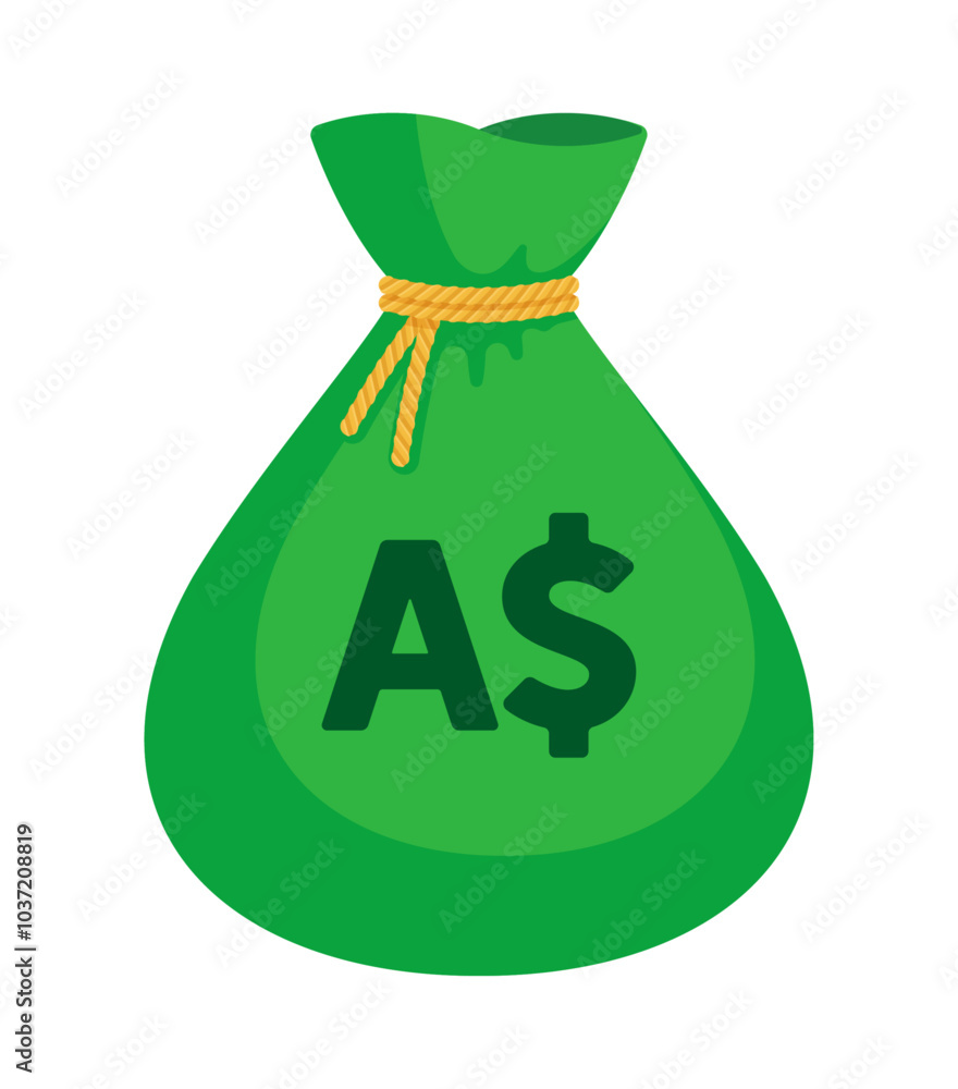 Green money bag with a Australian dollar sign and yellow rope tie. Economy, finance, wealth, profit, income, banking, AUD currency concept. Flat vector illustration isolated on a white background Green money bag with a Australian dollar sign and yellow rope tie. Economy, finance, wealth, profit, income, banking, AUD currency concept. Flat vector illustration isolated on a white background
