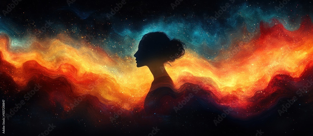 A silhouette of a woman against a vibrant cosmic background, symbolizing introspection and wonder. A silhouette of a woman against a vibrant cosmic background, symbolizing introspection and wonder.
