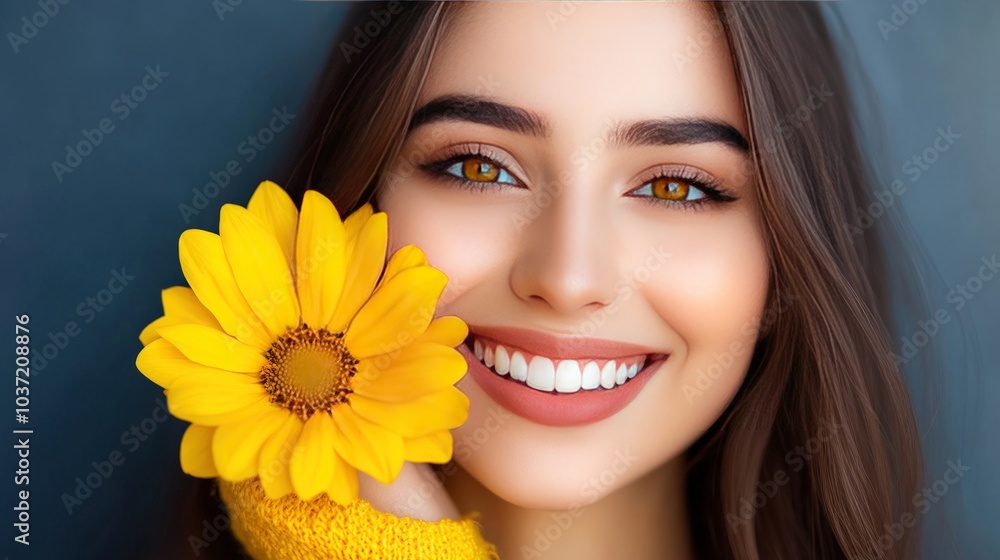 A beautiful young woman with a bright smile holds a yellow flower against her cheek.