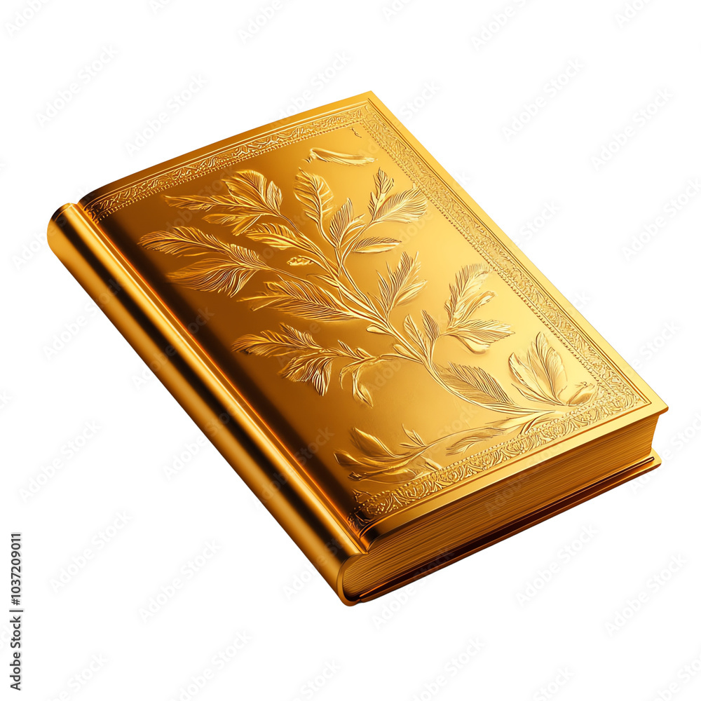 Fototapeta premium Beautiful golden book with embossed leaf design, isolated., transparent background