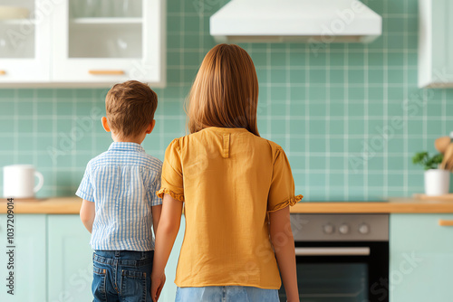 Children standing together in a bright kitchen capturing the essence of family bonding and togetherness