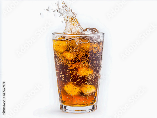 Cola splashing out of a glass., Isolated white background.  photo